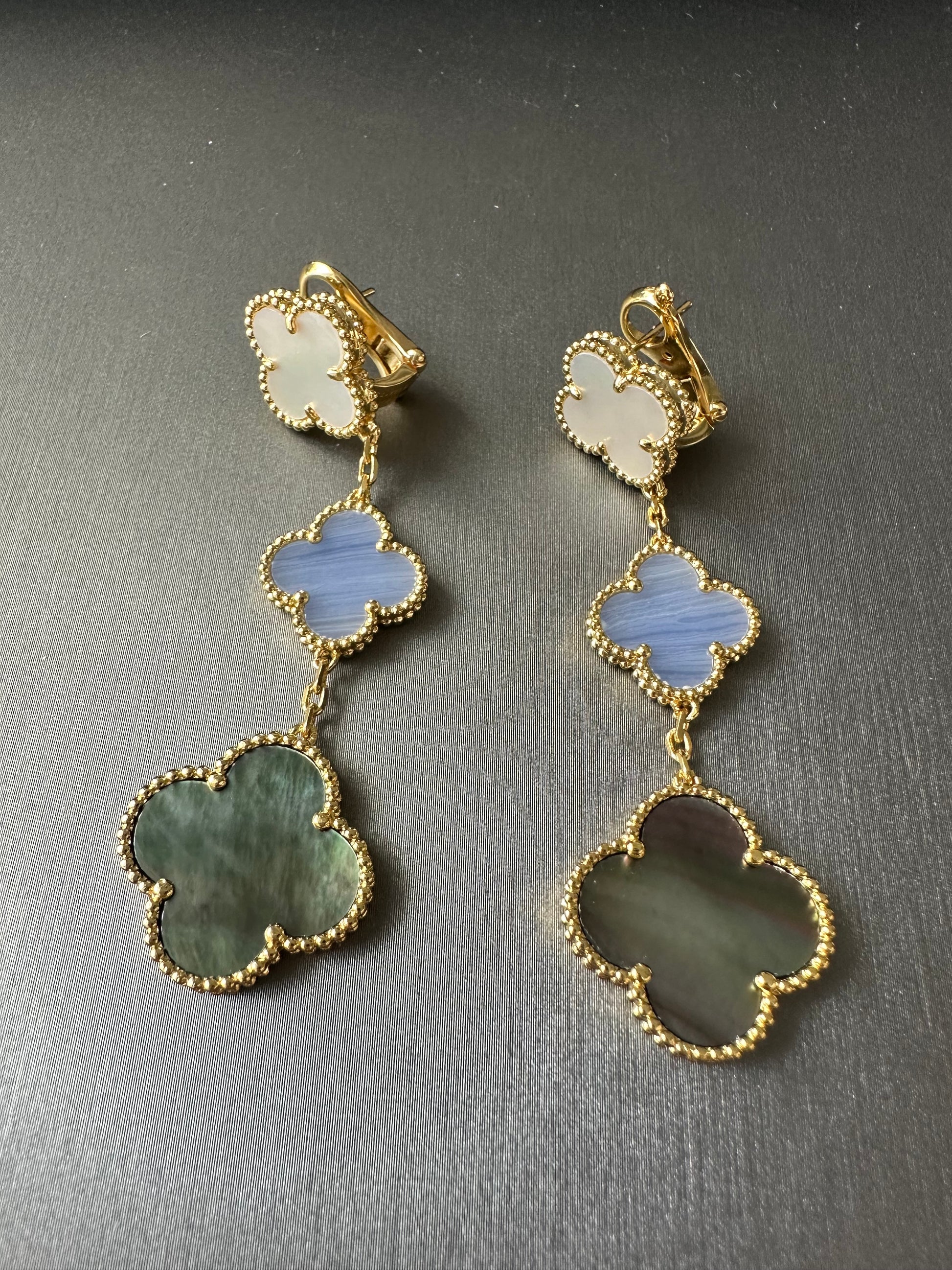 3 motifs Grey mop Chalcedony clover earrings clover dangle earrings 925 silver 18k gold plated - ParadiseKissCo