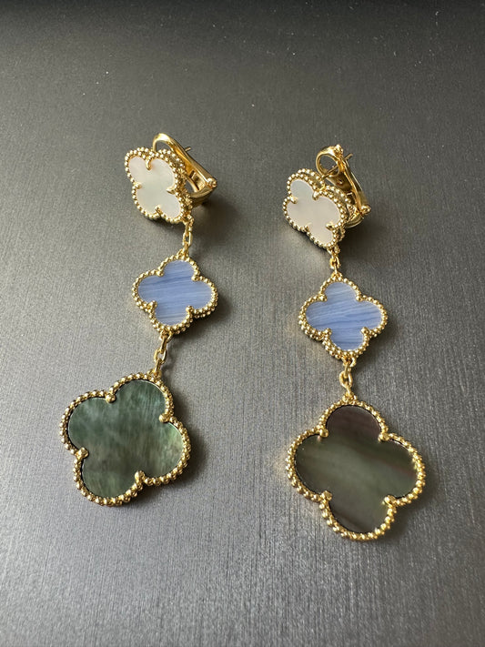 3 motifs Grey mop Chalcedony clover earrings clover dangle earrings 925 silver 18k gold plated - ParadiseKissCo