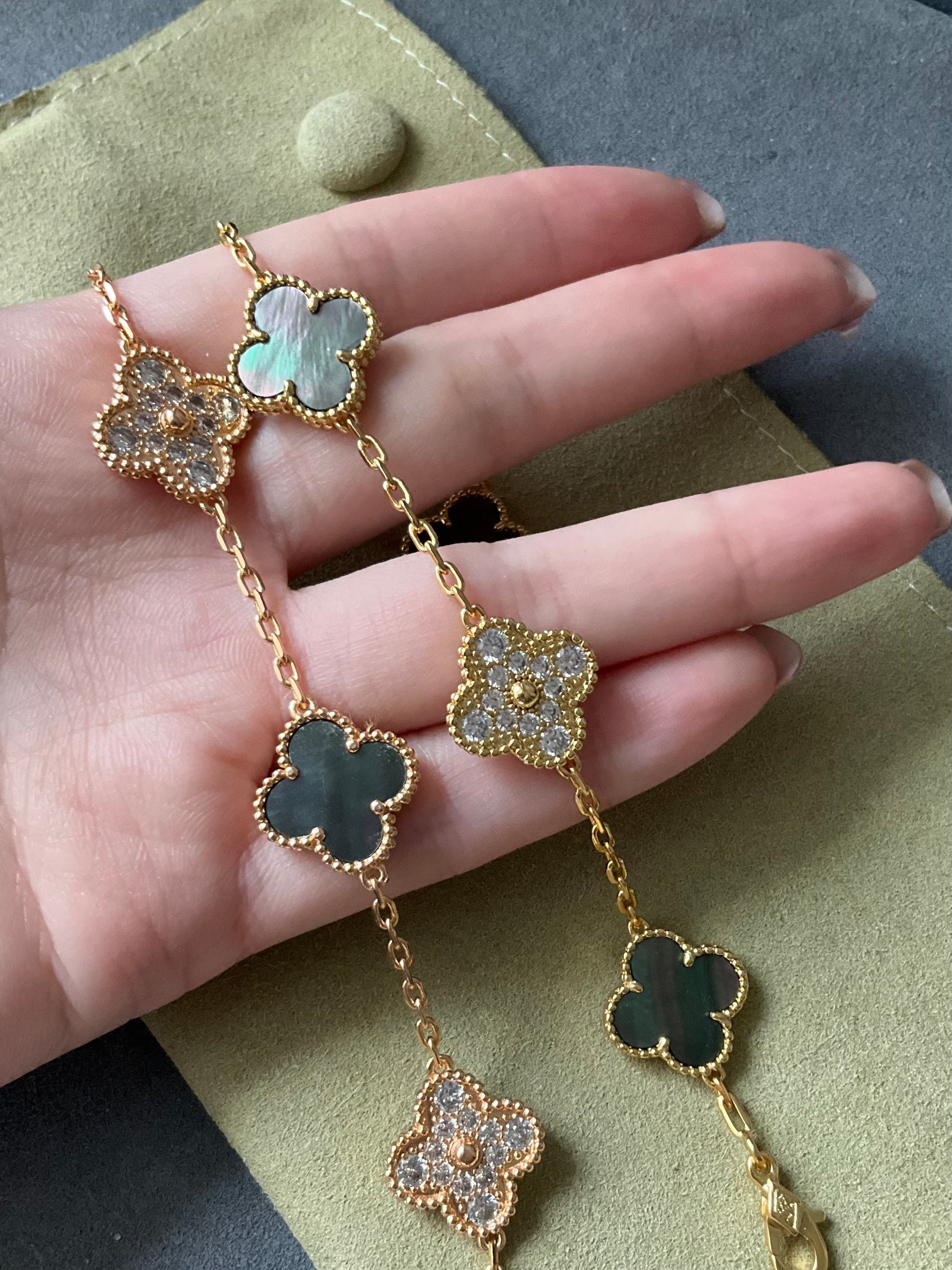 5 motifs 15mm cz clover grey mother of pearl clover bracelet 925 silver with 18k gold plated 7.5 inches - ParadiseKissCo