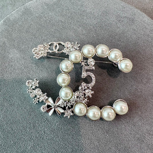 coco cz flowers No.5 diamond pearl brooch - ParadiseKissCo