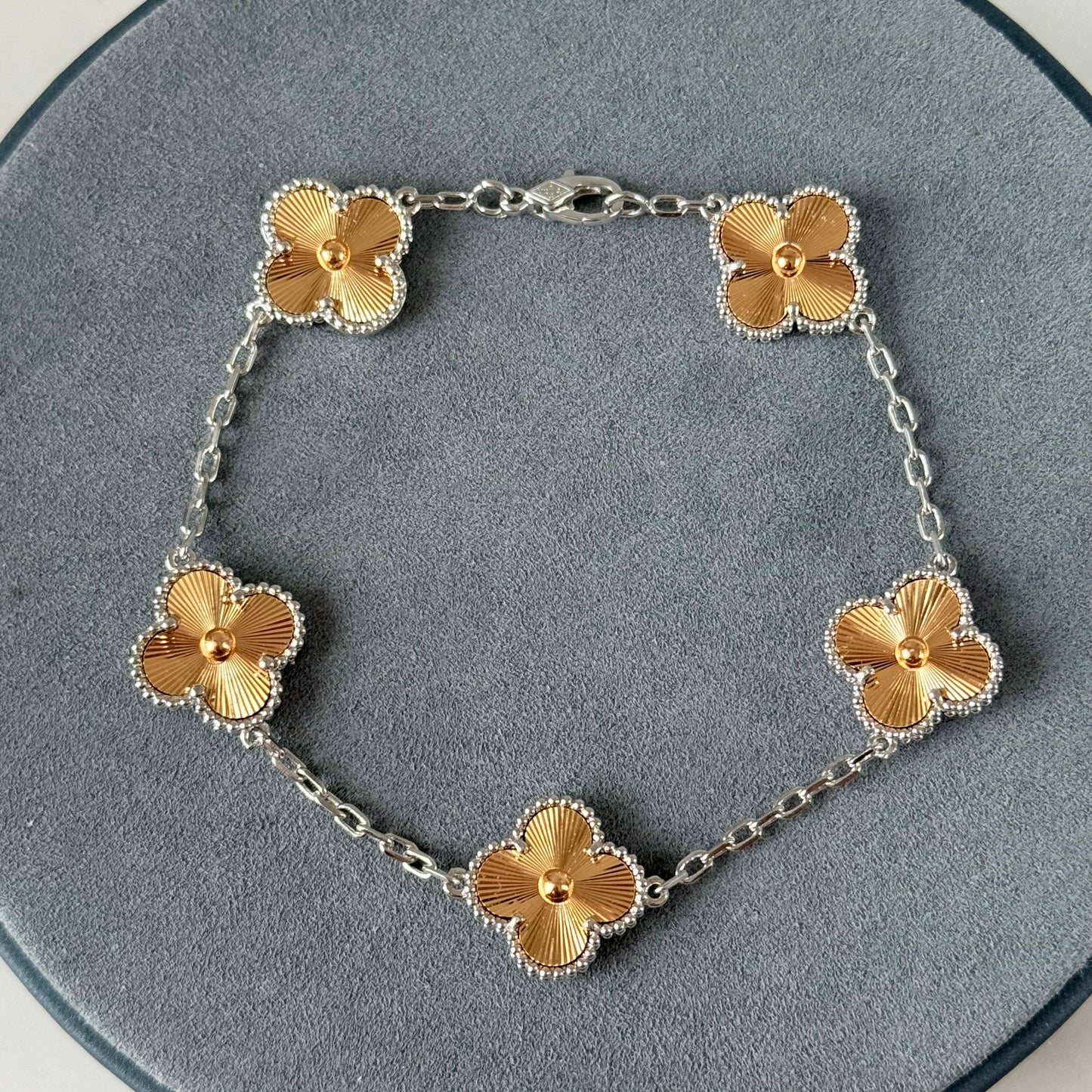 5 motifs 2 tone Guillioche 15mm clover bracelet 925 silver 18k gold plated 7.5 inches long