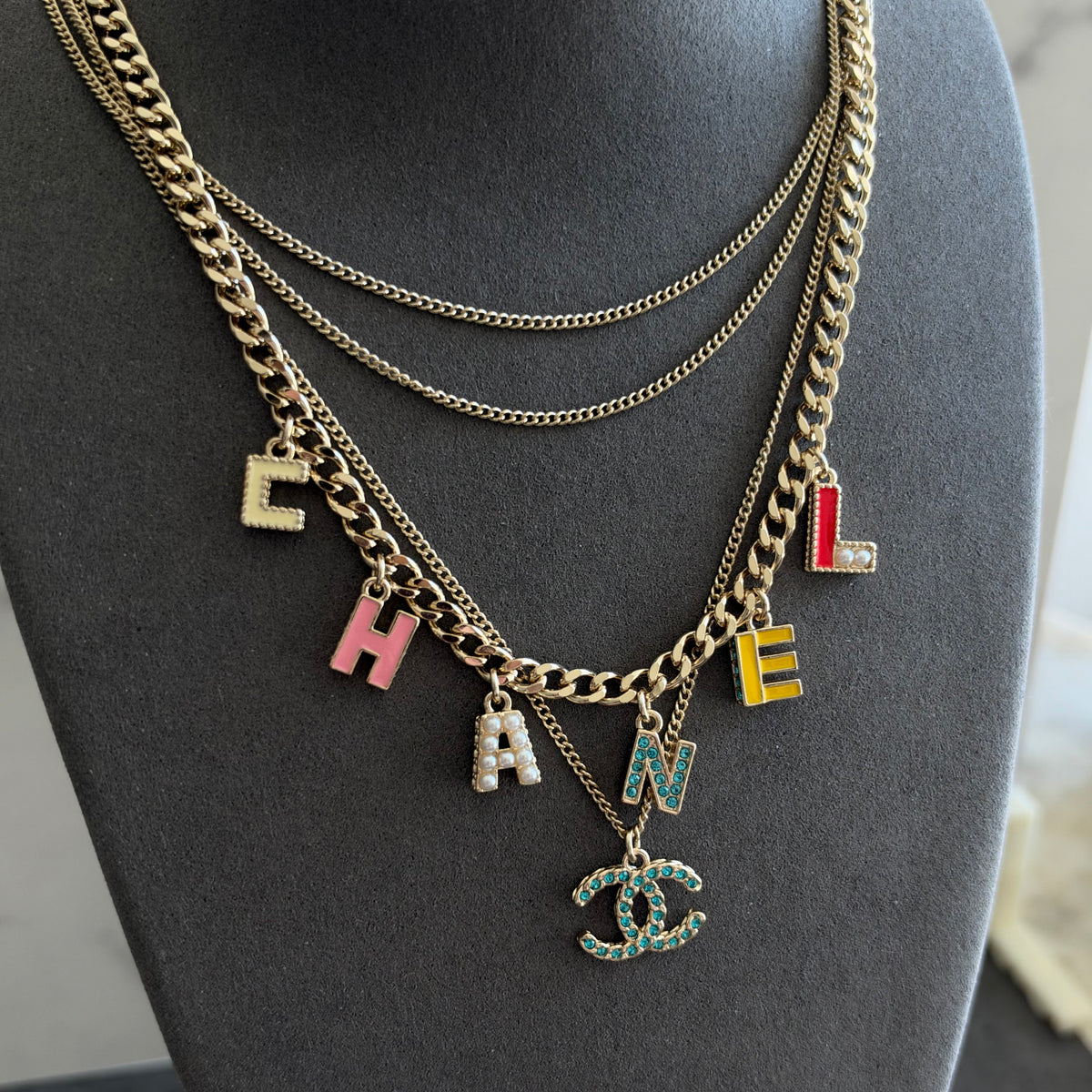 Coco Gold Multi-Layer Colorful Letter Charm Necklace with Turquoise Crystal Pendant
