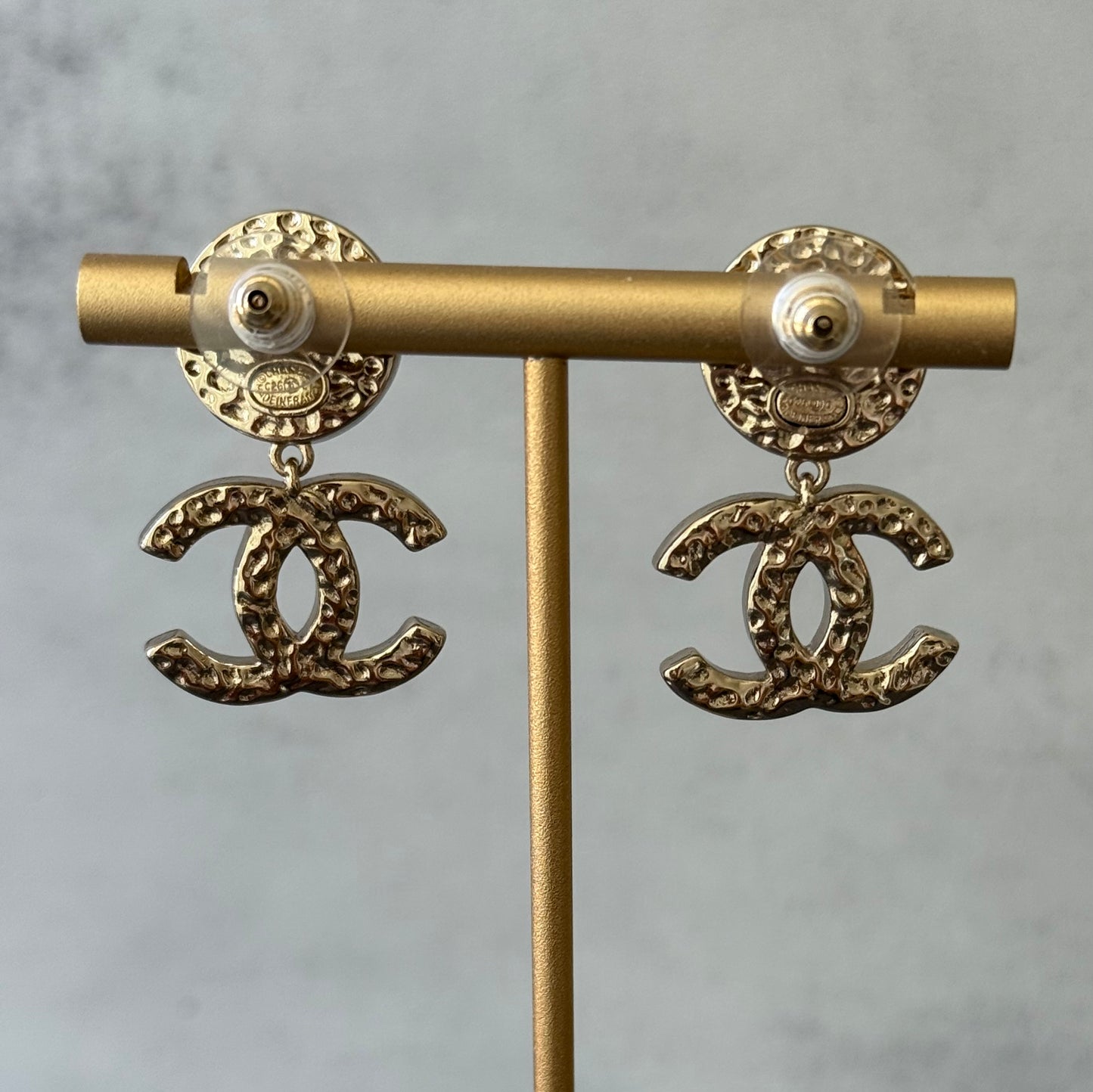 coco Gold Tone White Enamel Double C Dangle Earrings