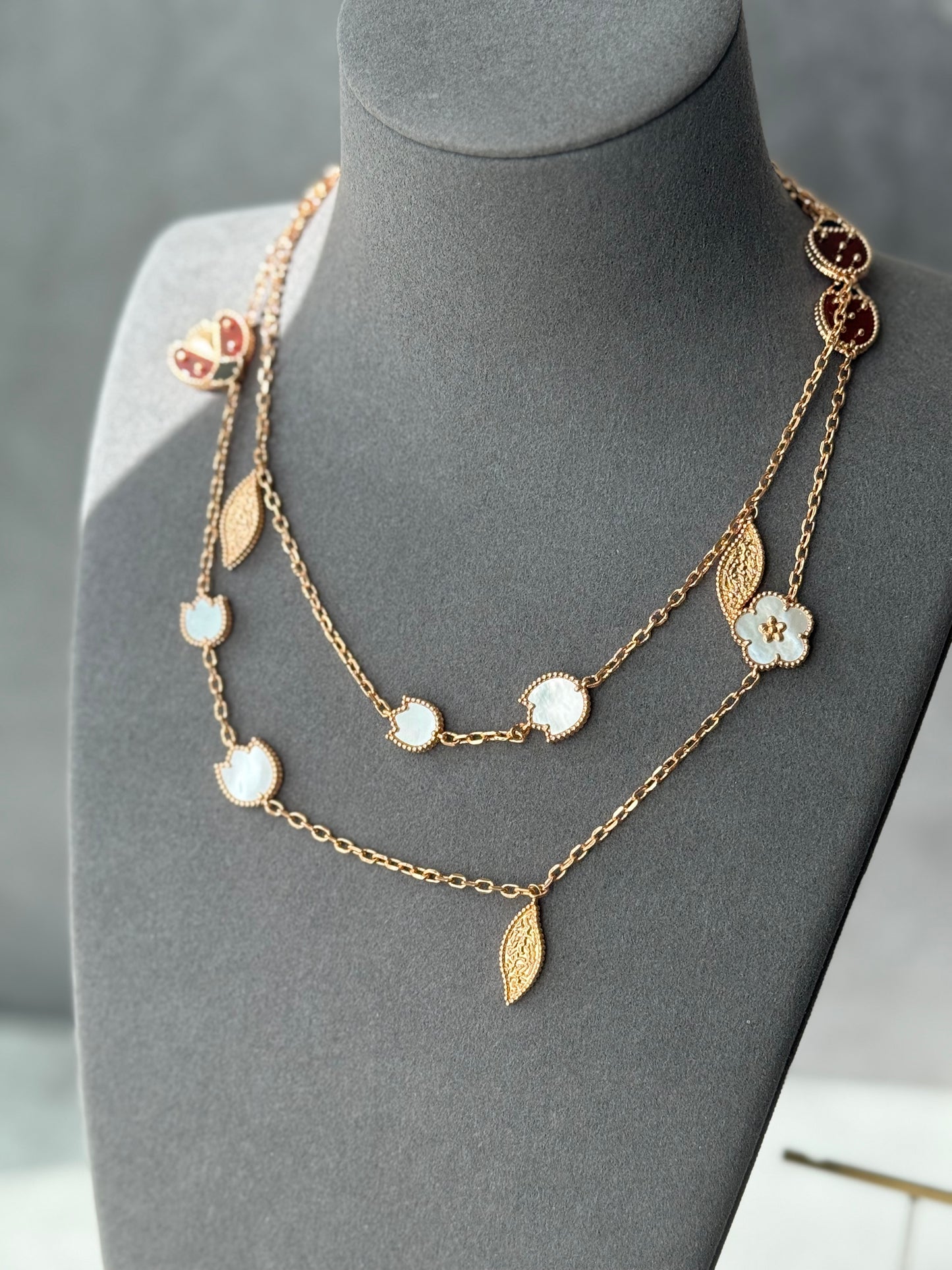 Lucky Spring Plum Blossom Ladybug clover necklace 925 silver 18k Rose gold plated 80cm long