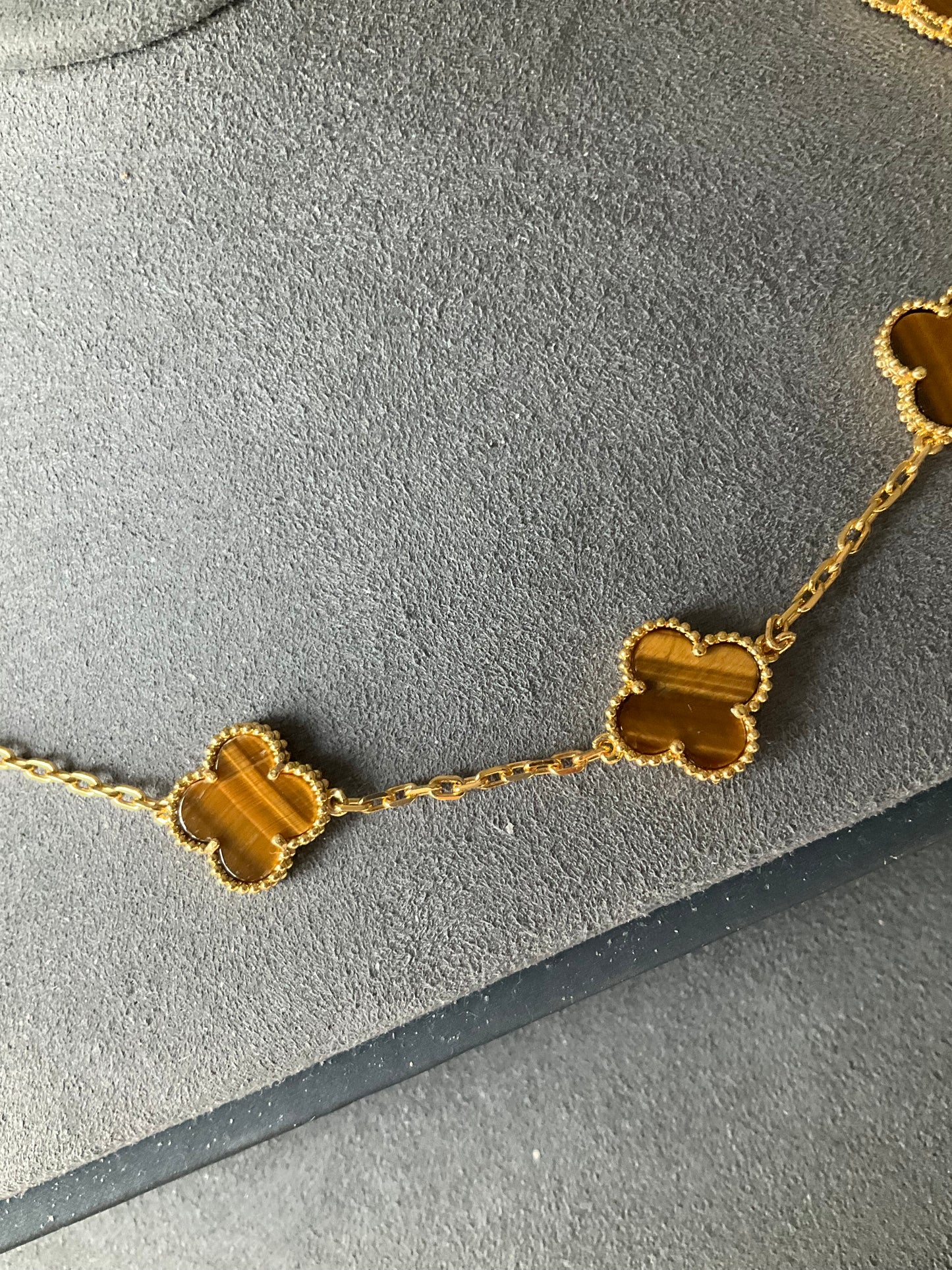 10 motifs Tigers eye Gold Plated Four Leaf Clover Flower Style S 925 Silver Necklace 42cm long - ParadiseKissCo