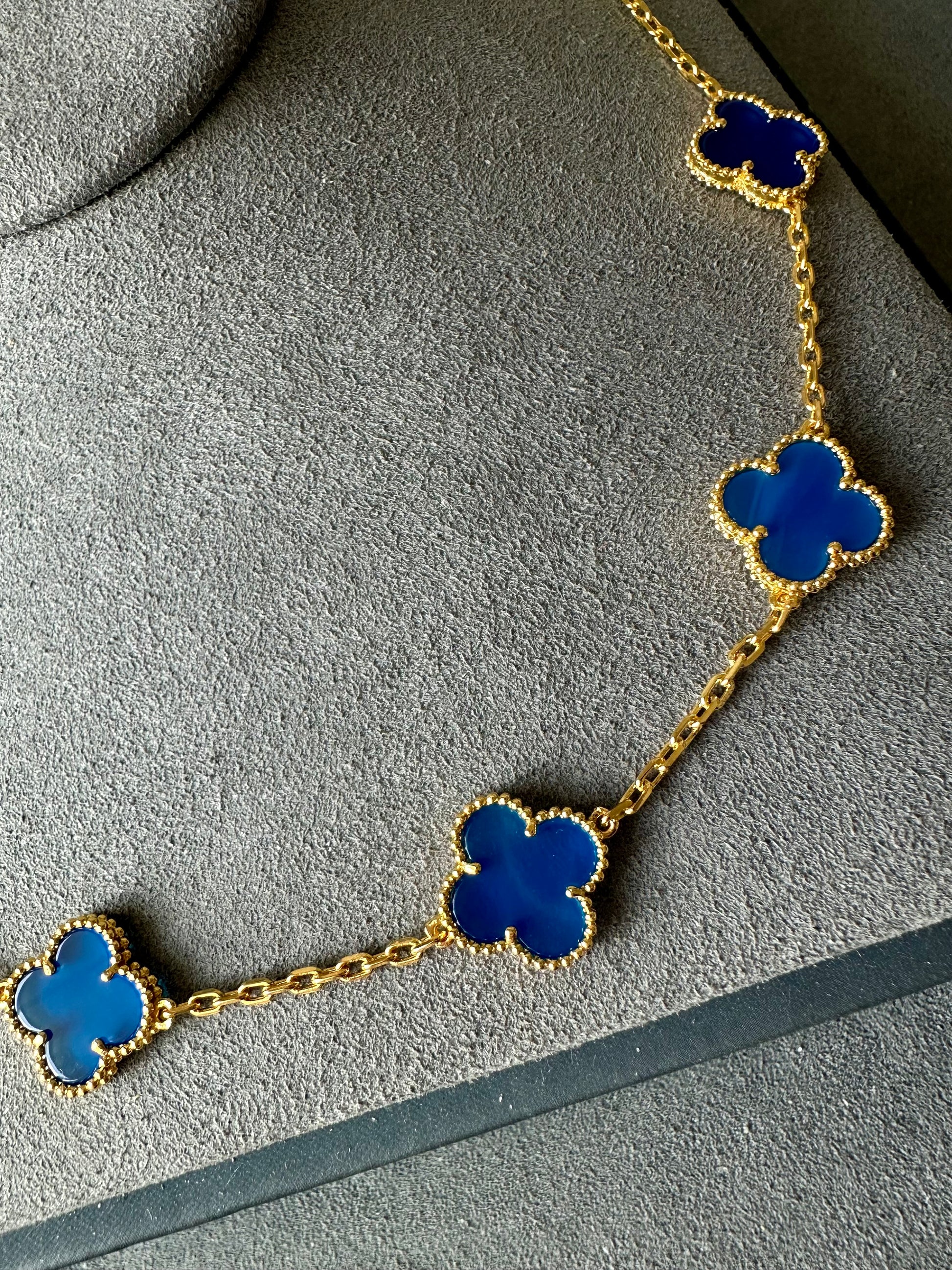 10 motifs blue agate 18k Gold Plated Four Leaf Clover Flower Style S 925 Silver Necklace 42cm long - ParadiseKissCo