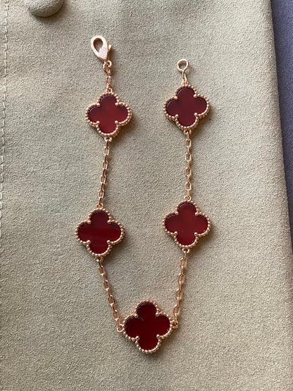 15mm carnelian 5 motifs clover bracelet 925 silver with 18k gold plated 7.5 inches - ParadiseKissCo