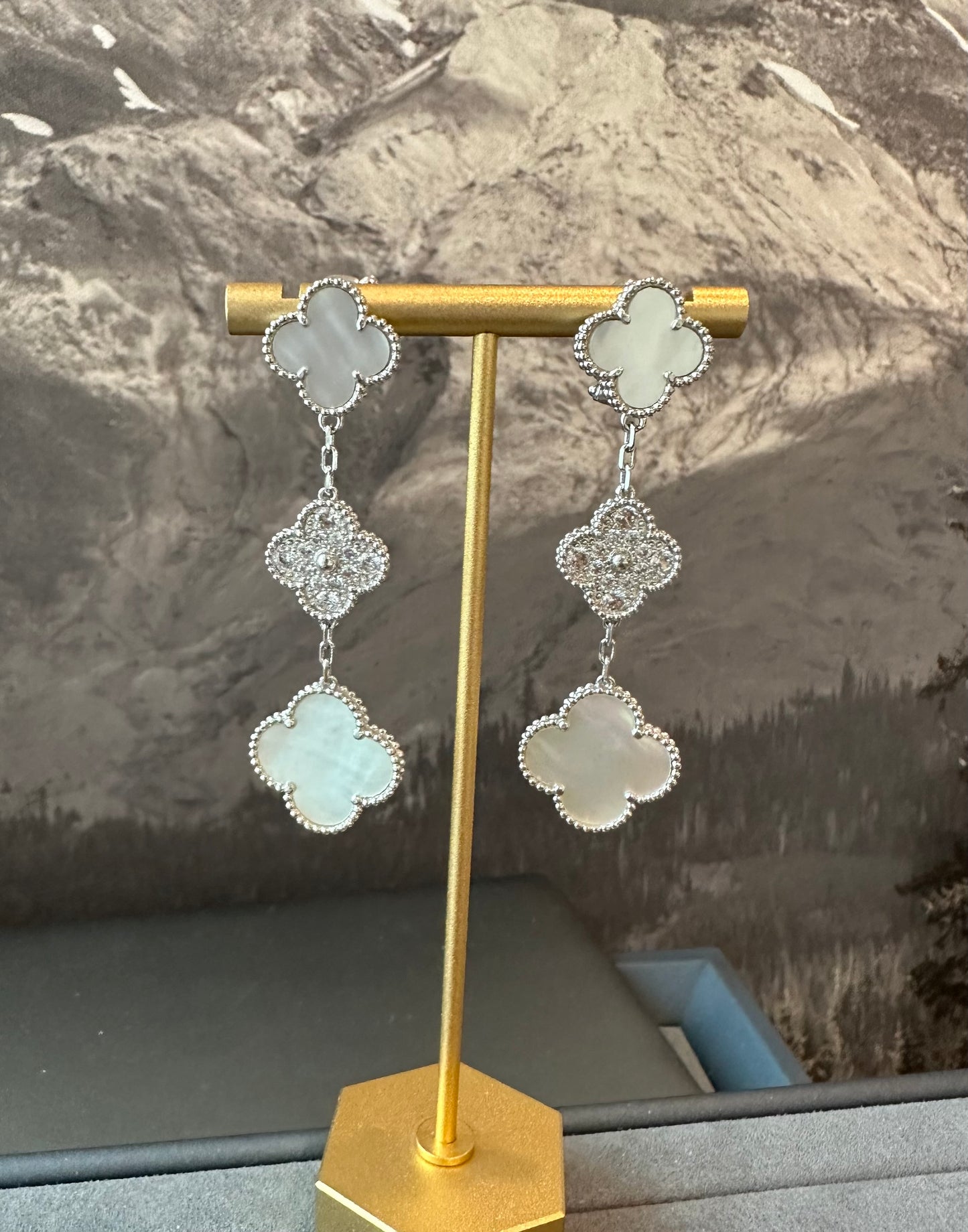 3 motifs Mother of pearl Cz clover earrings clover dangle earrings 925 silver 18k white gold plated - ParadiseKissCo