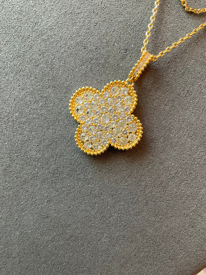 25mm cz clover necklace 925 silver 18k gold plated 88cm long - ParadiseKissCo