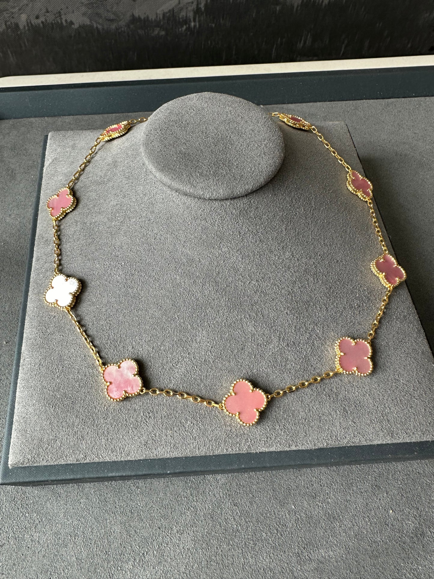 10 motifs Gemstone Gold Plated Four Leaf Clover Flower Style S 925 Silver Necklace 42cm long