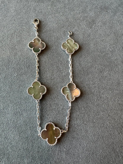 15mm Grey mother of pearl 5 motifs clover bracelet 925 silver with 18k gold plated 7.5 inches - ParadiseKissCo
