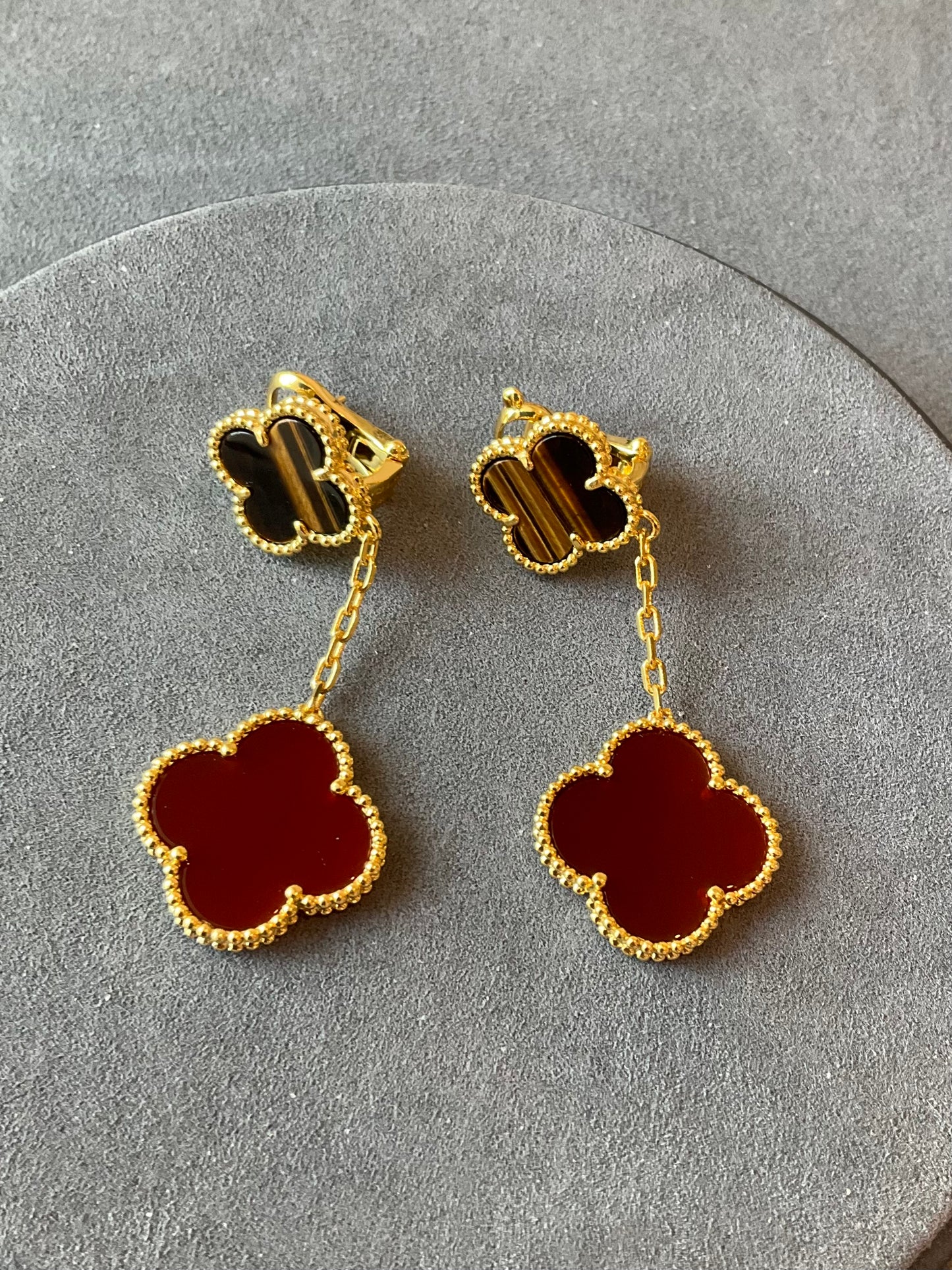 2 motifs tigers eye carnelian clover earrings clover dangle earrings 925 silver 18k gold plated - ParadiseKissCo