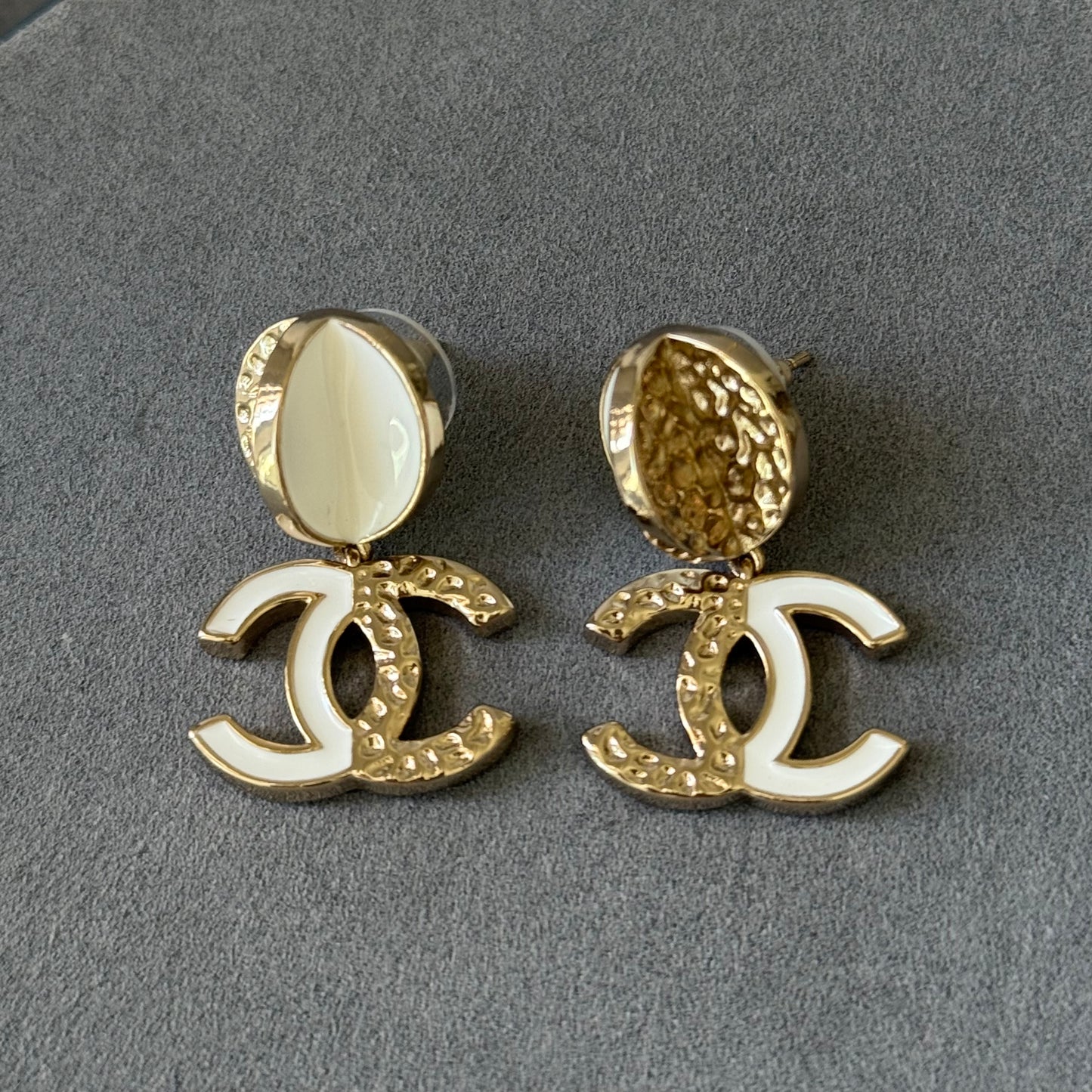 coco Gold Tone White Enamel Double C Dangle Earrings
