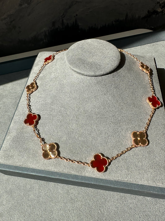 10 motif Guilliche red carnelian clover necklace 925 silver 18k rose gold plated 42 cm long clover size 15mm - ParadiseKissCo