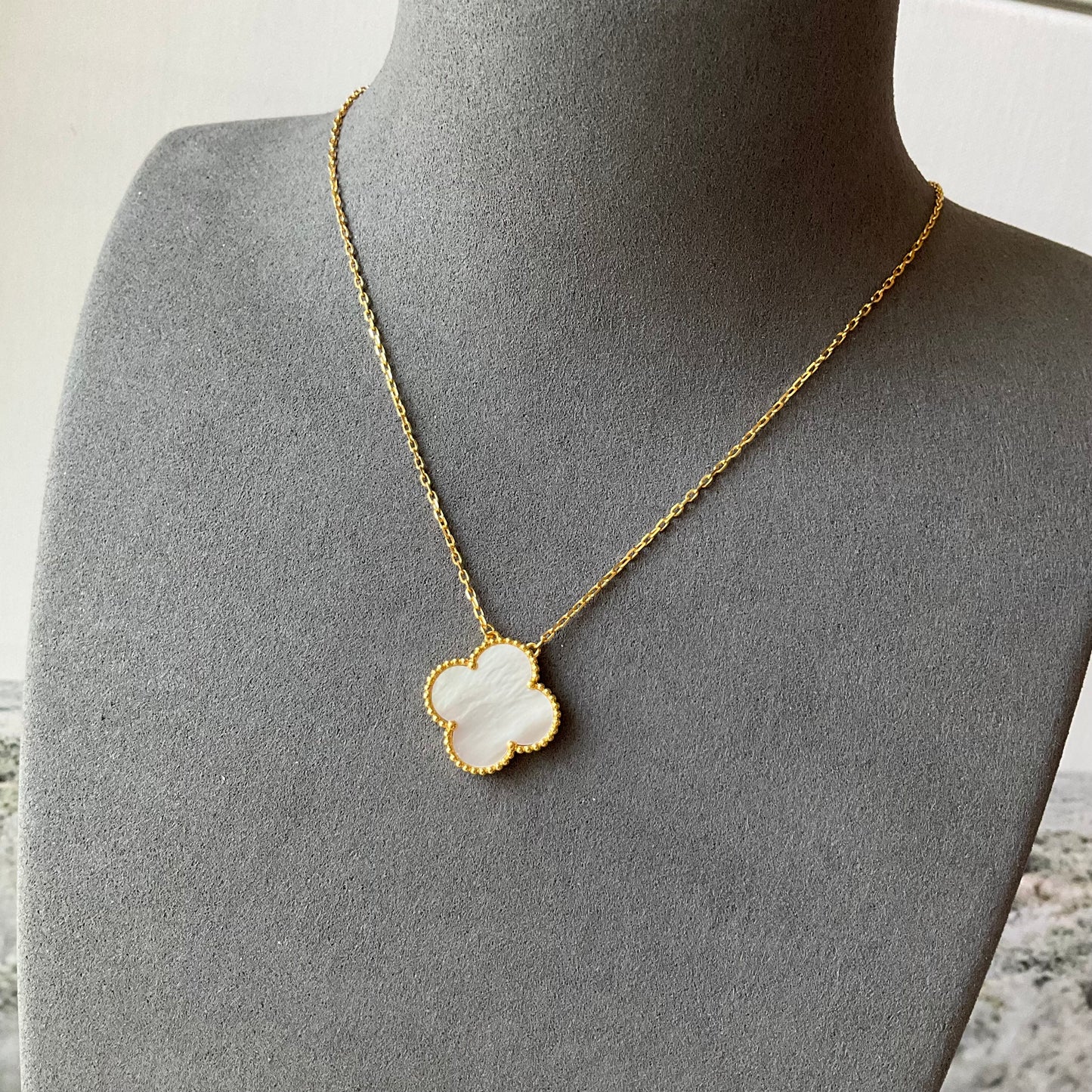 20mm Gemstone Clover Necklace, 18k Gold Plated, 925 Sterling Silver 42cm long