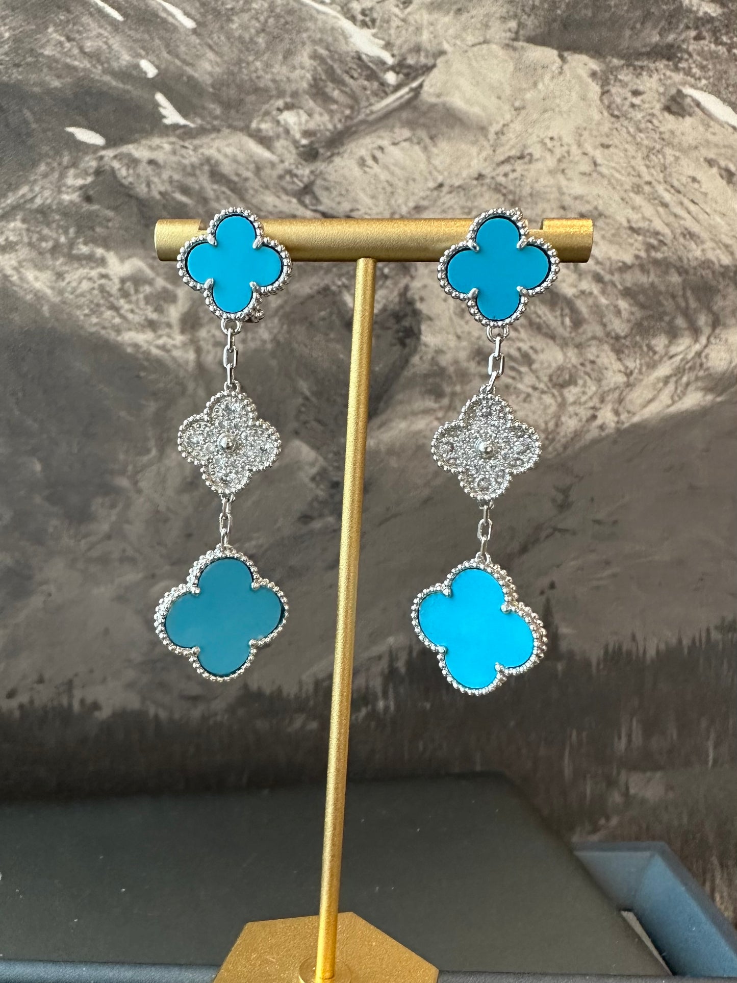 3 motifs Turquoise Cz clover earrings clover dangle earrings 925 silver 18k white gold plated - ParadiseKissCo