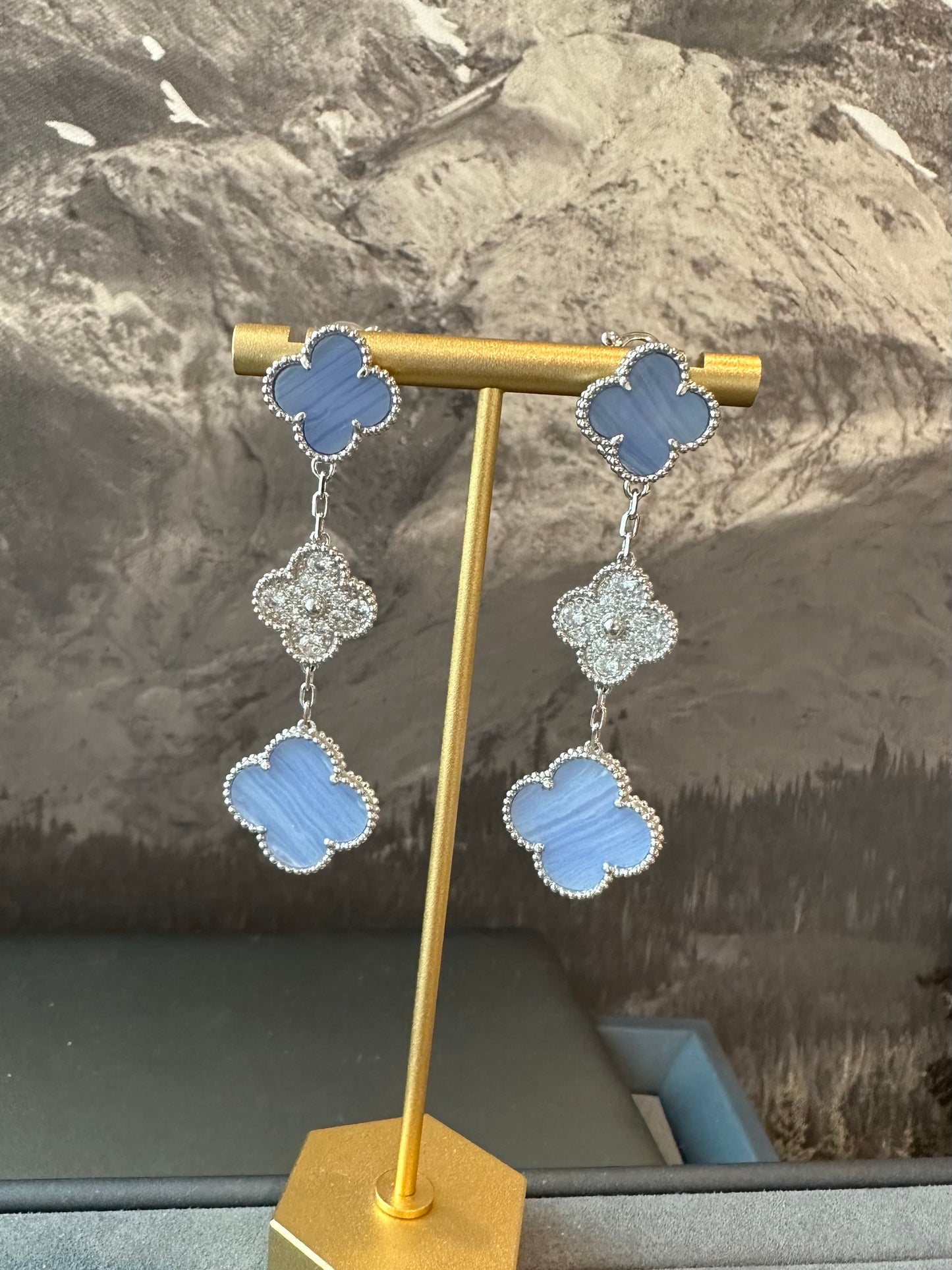 3 motifs Chalcedony Cz clover earrings clover dangle earrings 925 silver 18k white gold plated - ParadiseKissCo