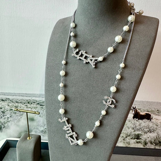 coco silver pearl charms long necklace - ParadiseKissCo