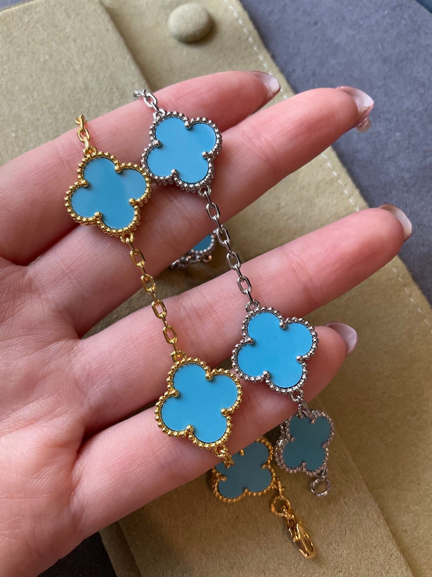 5 motifs 15mm clover turquoise clover bracelet 925 silver with 18k gold plated 7.5 inches - ParadiseKissCo