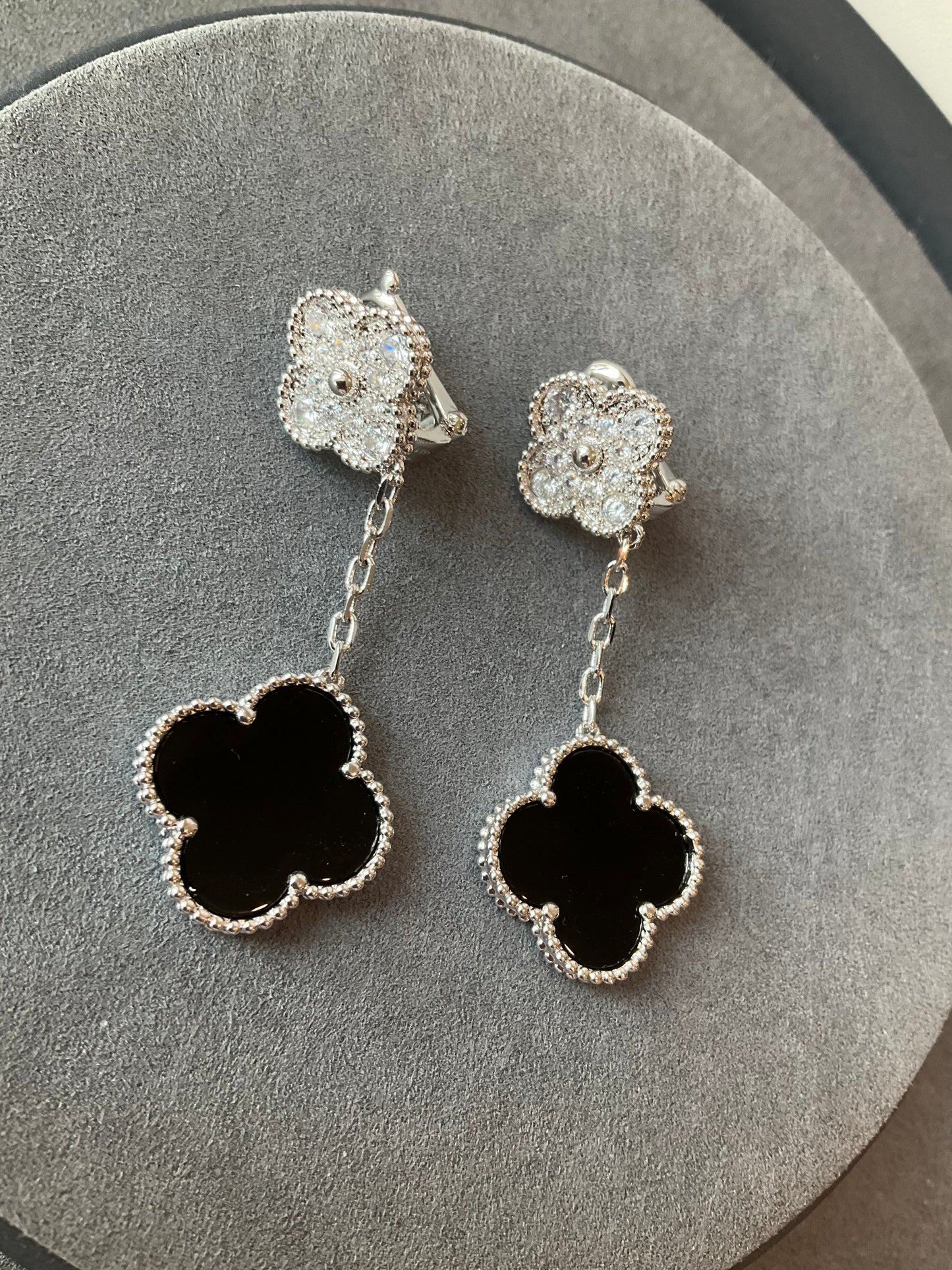 2 motifs onyx cz clover earrings clover dangle earrings 925 silver 18k white gold plated - ParadiseKissCo