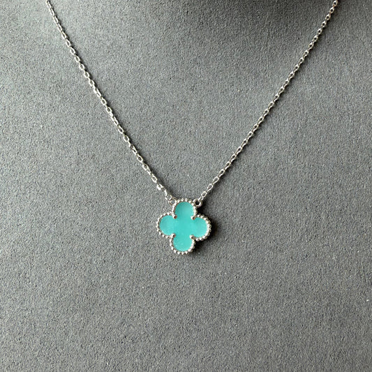 Single Motifs Amazonite 18k white gold plated Four Leaf Clover Flower Necklace 42cm