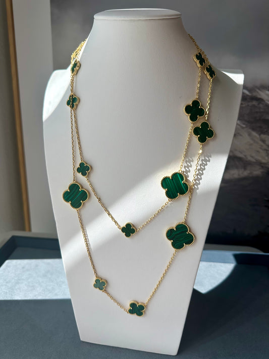 16 motifs malachite charm clover necklace 925 silver with 18k gold plated 120cm long - ParadiseKissCo