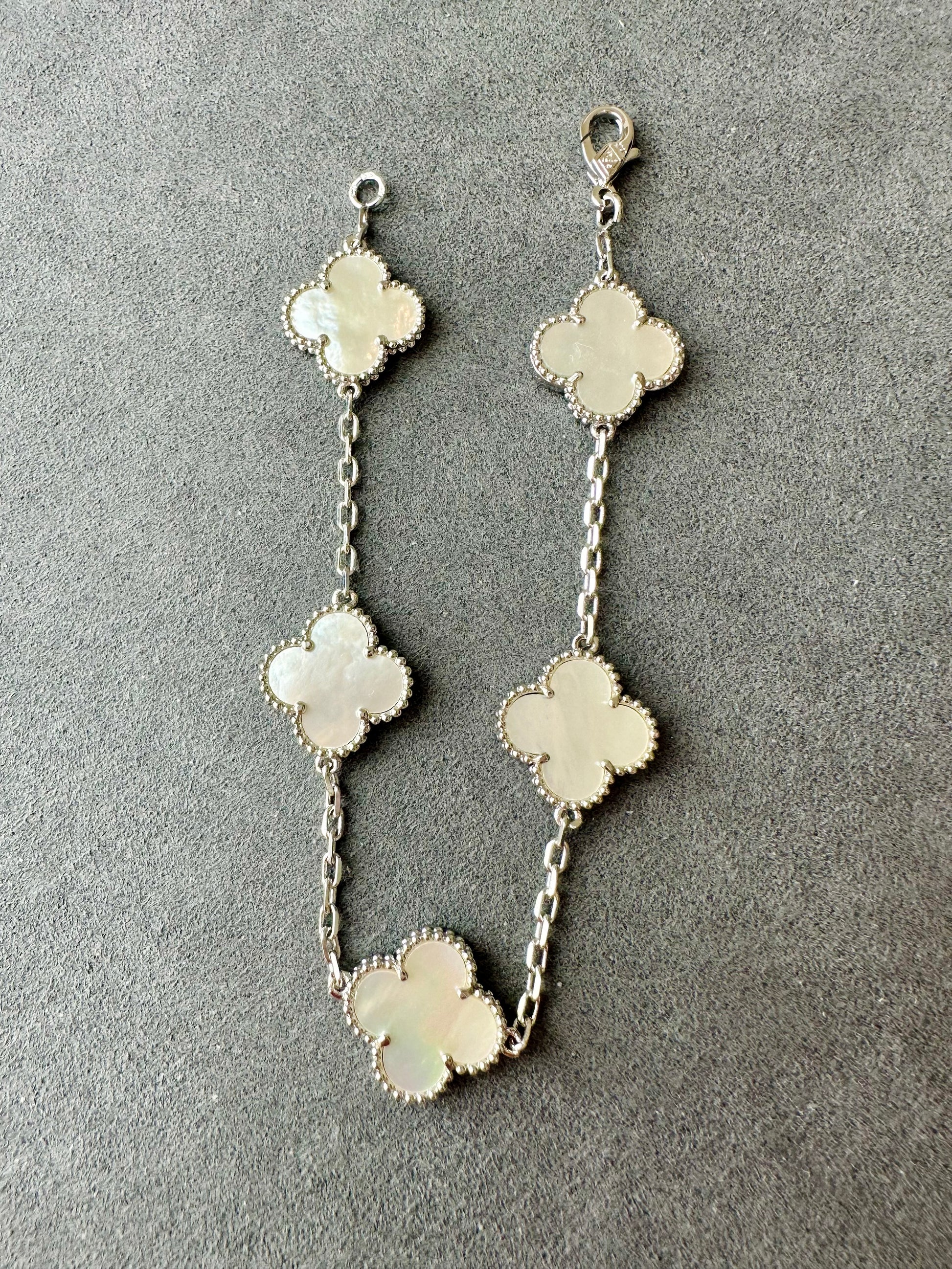 15mm White mother of pearl 5 motifs clover bracelet 925 silver with 18k gold plated 7.5 inches - ParadiseKissCo