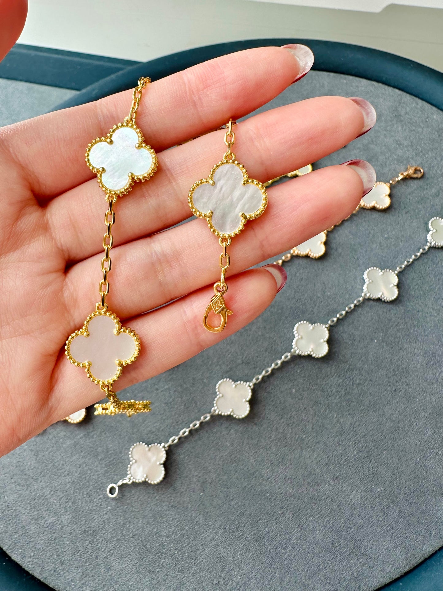 15mm White mother of pearl 5 motifs clover bracelet 925 silver with 18k gold plated 7.5 inches - ParadiseKissCo
