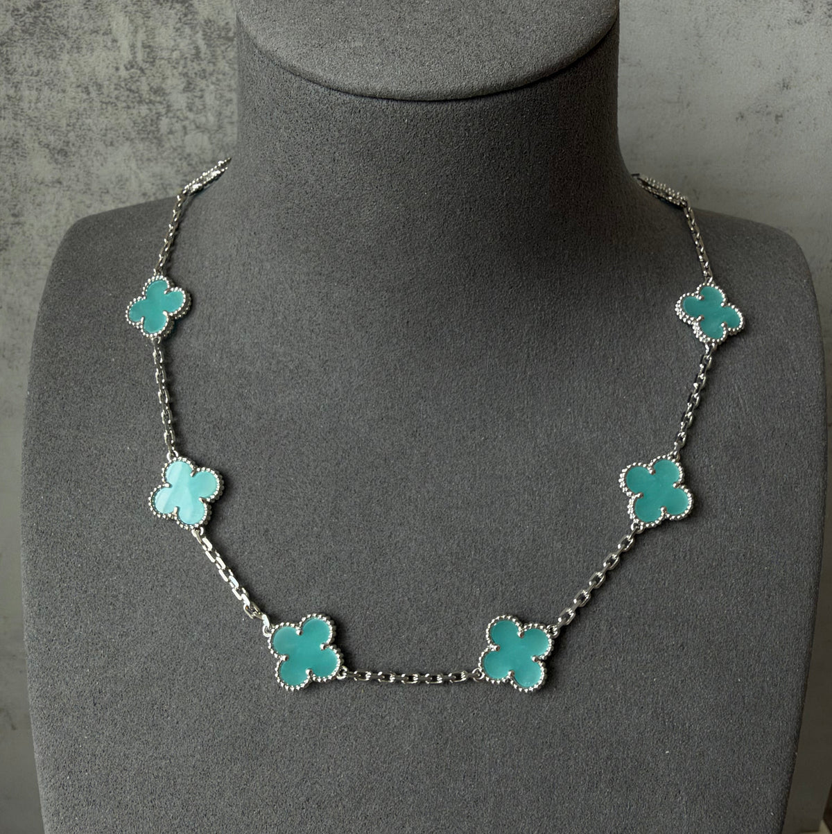 10 Amazonite 18k white Gold Plated Four Leaf Clover Flower Style S Necklace 42cm