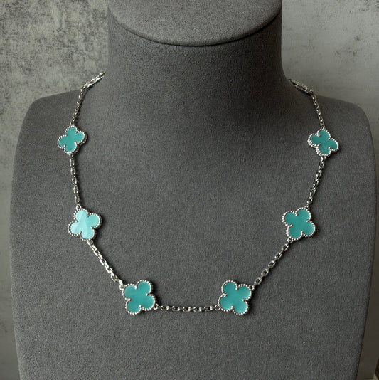 10 Amazonite 18k white Gold Plated Four Leaf Clover Flower Style S Necklace 42cm