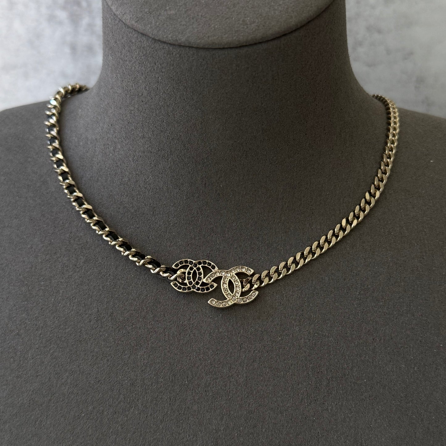 coco gold black leather cz choker necklace