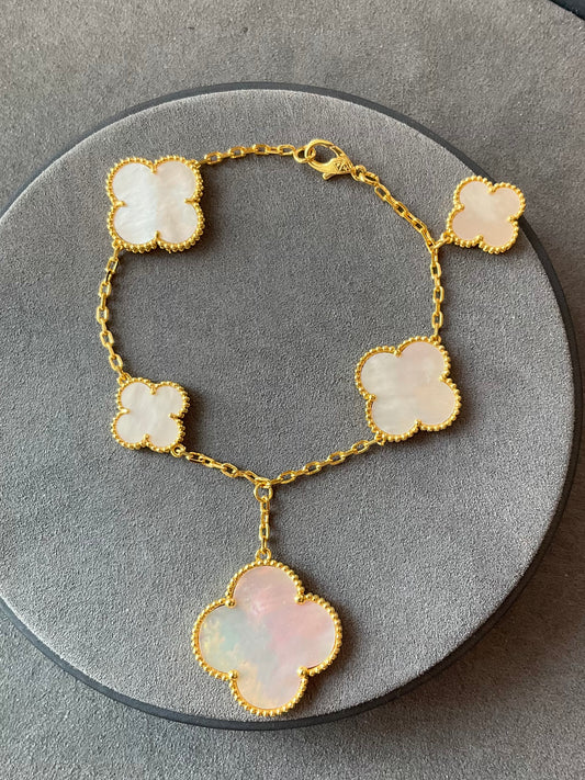 Mother of Pearl Charm clover bracelet 925 silver 18k gold plated 7.5 inches - ParadiseKissCo