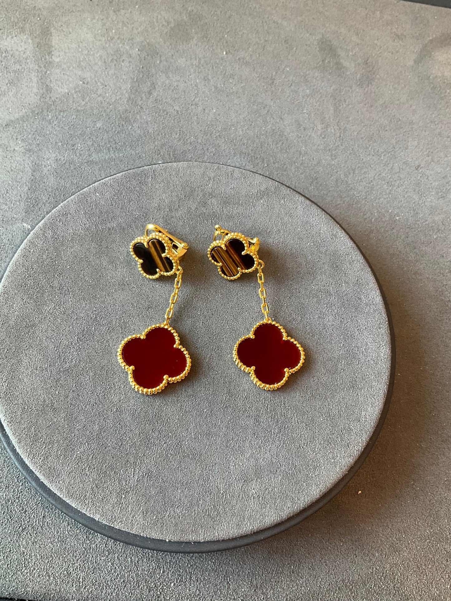 2 motifs tigers eye carnelian clover earrings clover dangle earrings 925 silver 18k gold plated - ParadiseKissCo