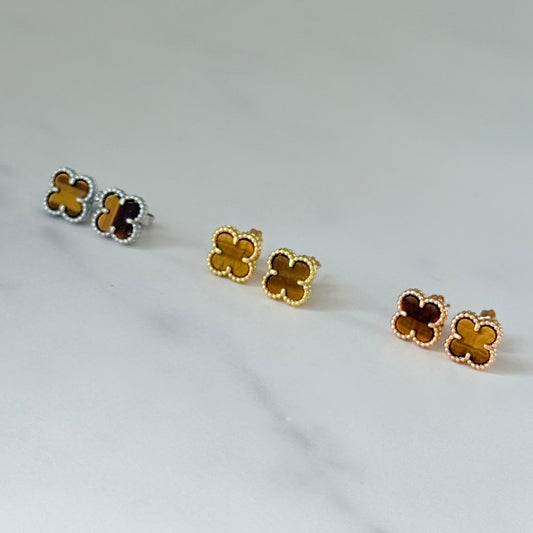 Sweet Size 10mm Tiger's eye clover
Stud earrings 18k gold plated over silver 925