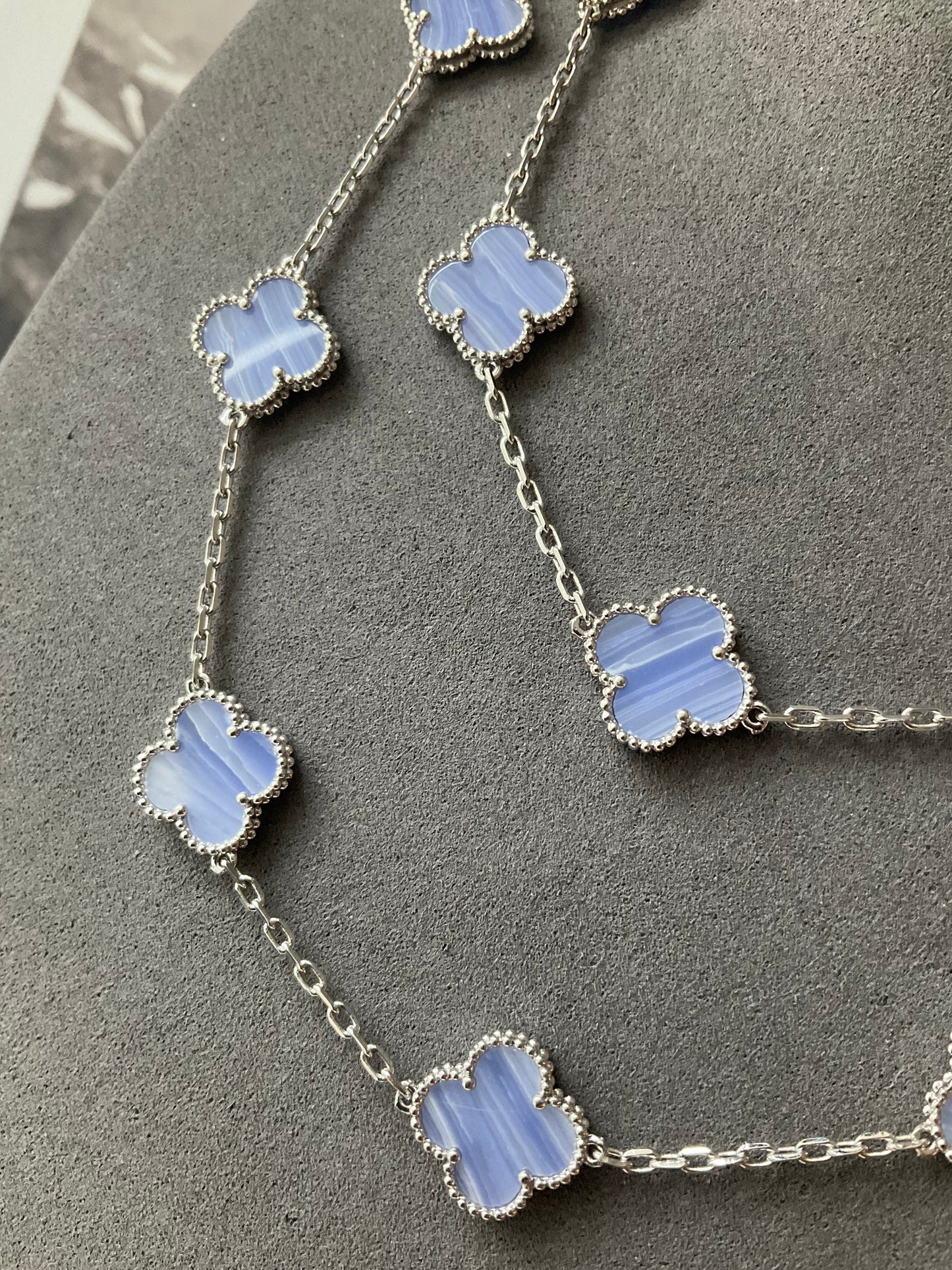 20 motifs chalcedony White Gold Plated Four Leaf Clover Flower Style S 925 Silver Necklace 84cm - ParadiseKissCo