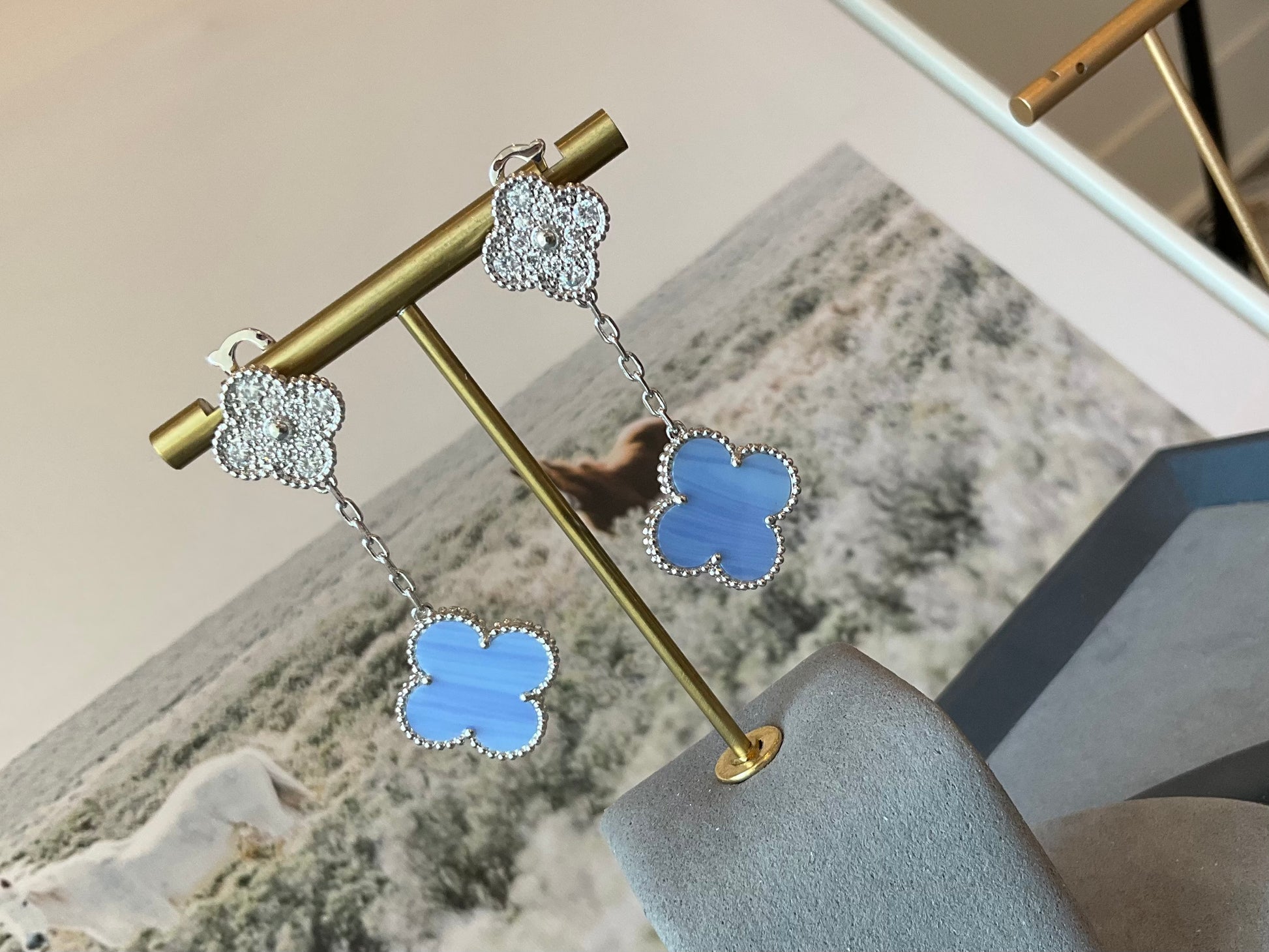 2 motifs chalcedony cz clover earrings clover dangle earrings 925 silver 18k white gold plated - ParadiseKissCo