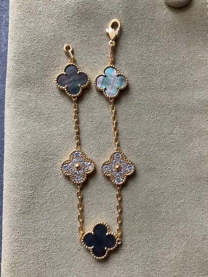 5 motifs 15mm cz clover grey mother of pearl clover bracelet 925 silver with 18k gold plated 7.5 inches - ParadiseKissCo