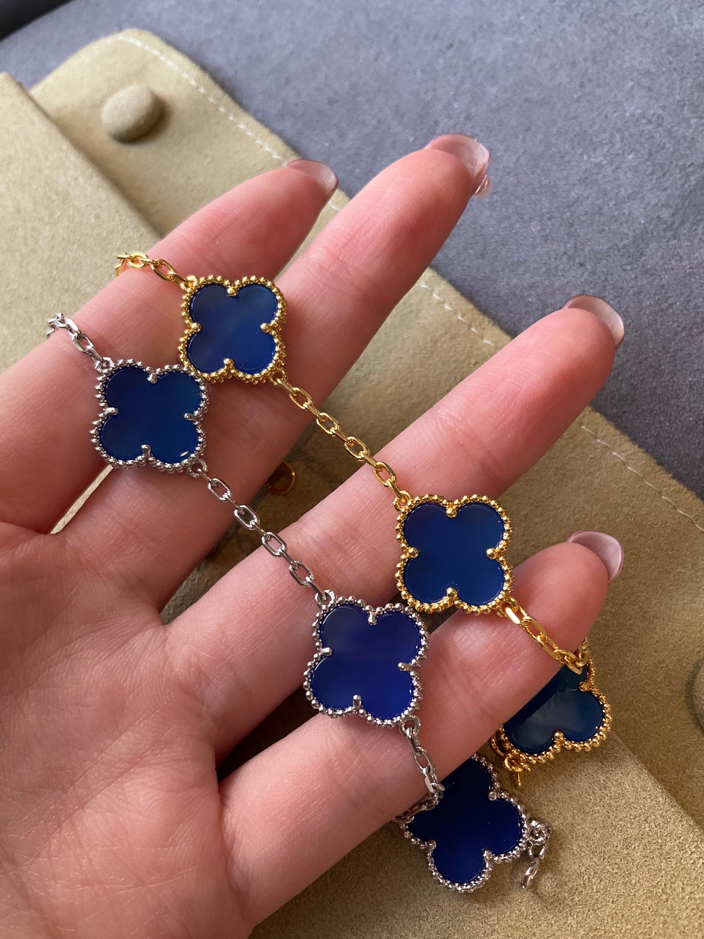 5 motifs 15mm clover blue agate clover bracelet 925 silver with 18k gold plated 7.5 inches - ParadiseKissCo