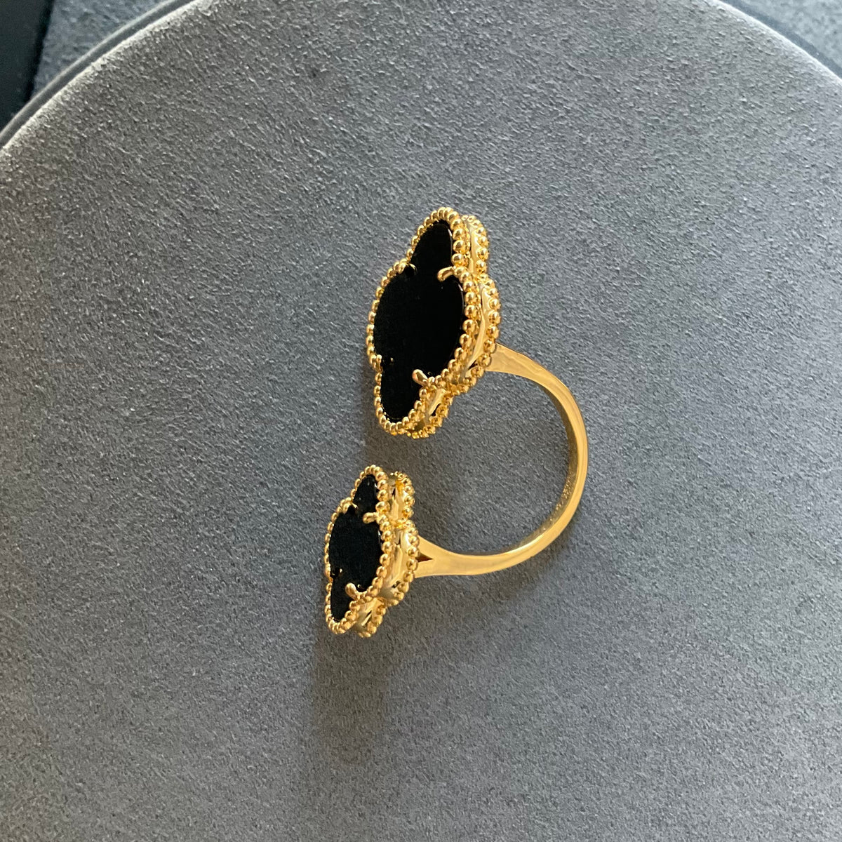 Onyx Clover Between finger ring 925 silver 18k gold plated