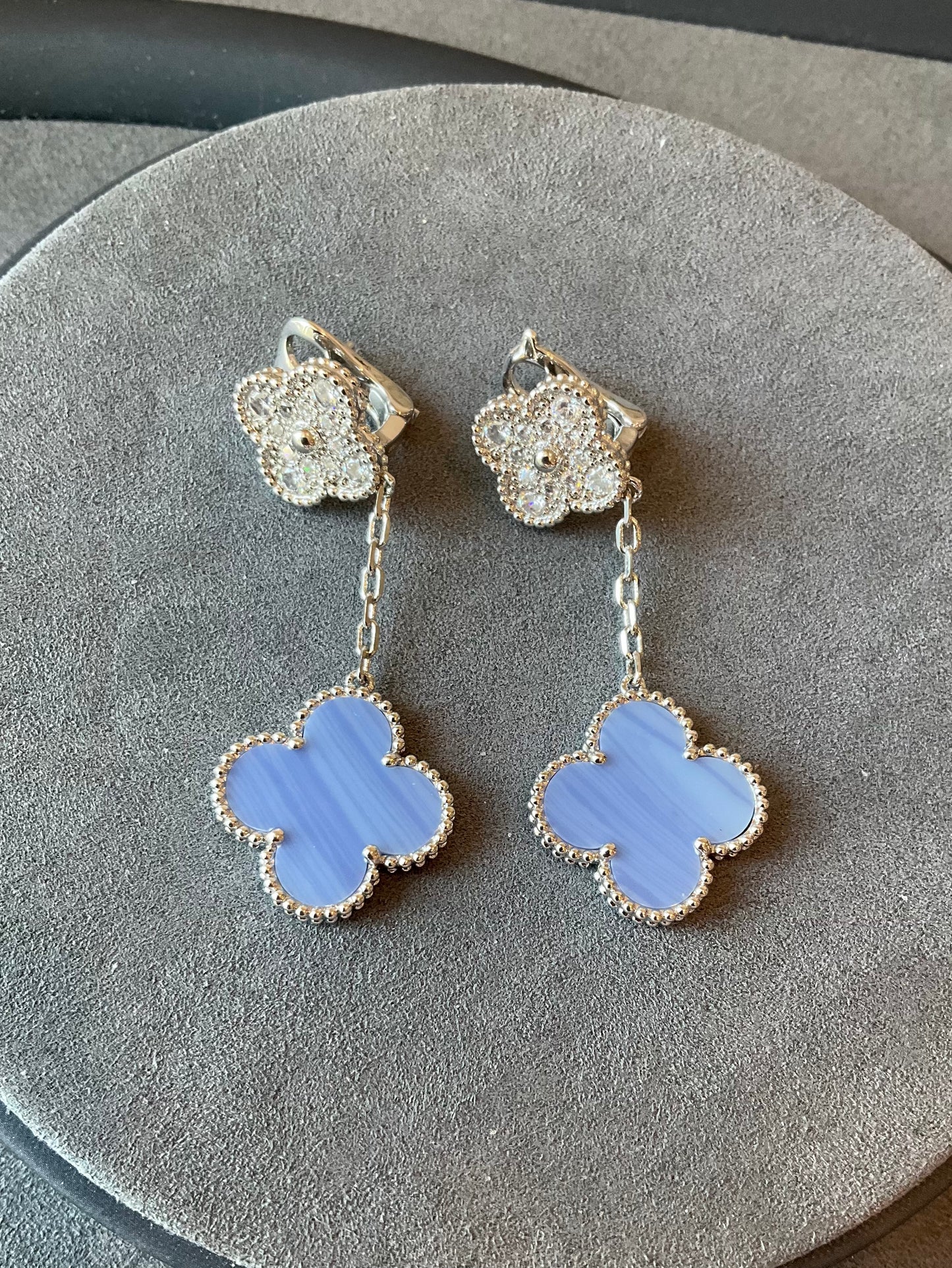 2 motifs chalcedony cz clover earrings clover dangle earrings 925 silver 18k white gold plated - ParadiseKissCo