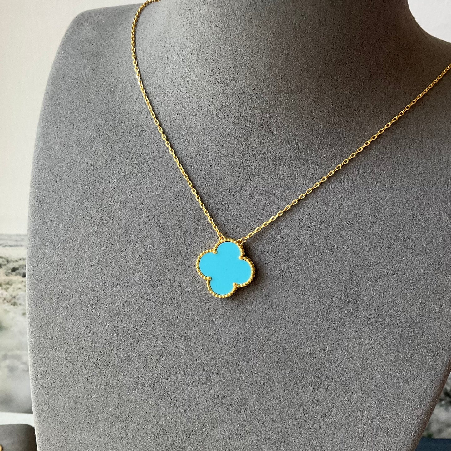 20mm Gemstone Clover Necklace, 18k Gold Plated, 925 Sterling Silver 42cm long