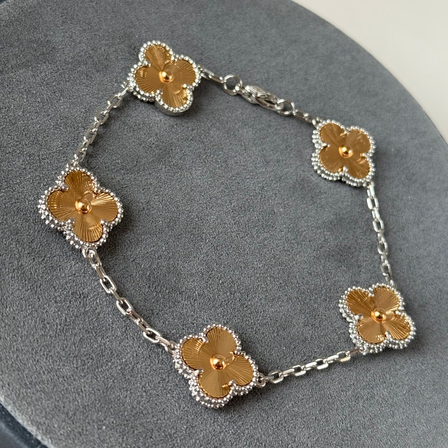 5 motifs 2 tone Guillioche 15mm clover bracelet 925 silver 18k gold plated 7.5 inches long