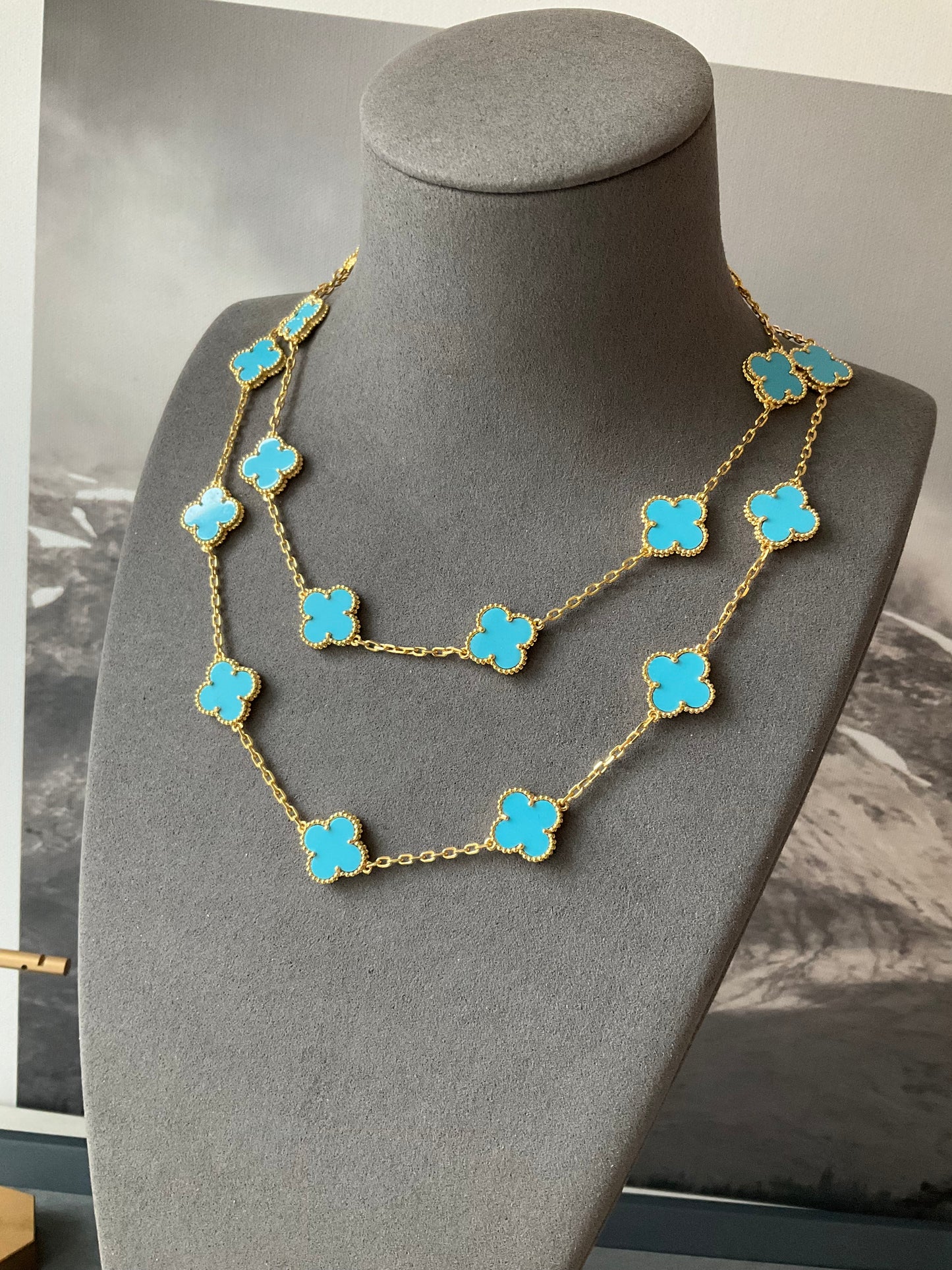 20 motifs Turquoise Gold Plated Four Leaf Clover Flower Style S 925 Silver Necklace 84cm - ParadiseKissCo