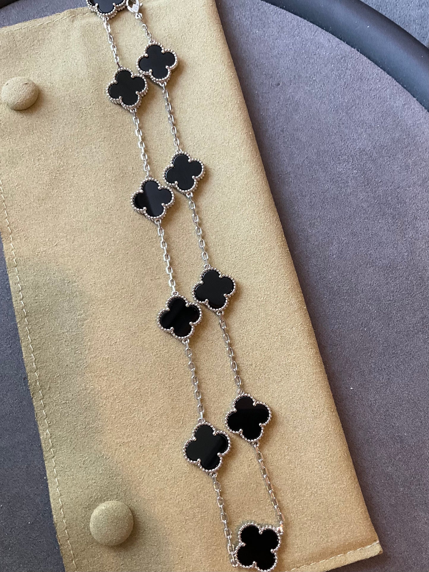 10 motifs onyx 15mm clover necklace 925 silver with 18k white gold plated 42cm - ParadiseKissCo