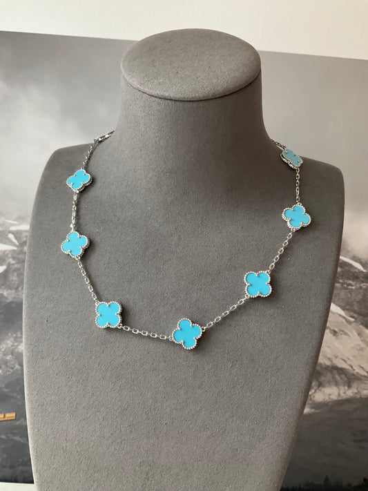 10 motifs turquoise 15mm clover necklace 925 silver 18k white gold plated 42 cm long - ParadiseKissCo