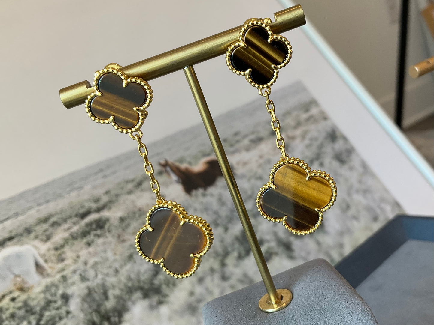 2 motifs tigers eye clover earrings clover dangle earrings 925 silver 18k gold plated - ParadiseKissCo