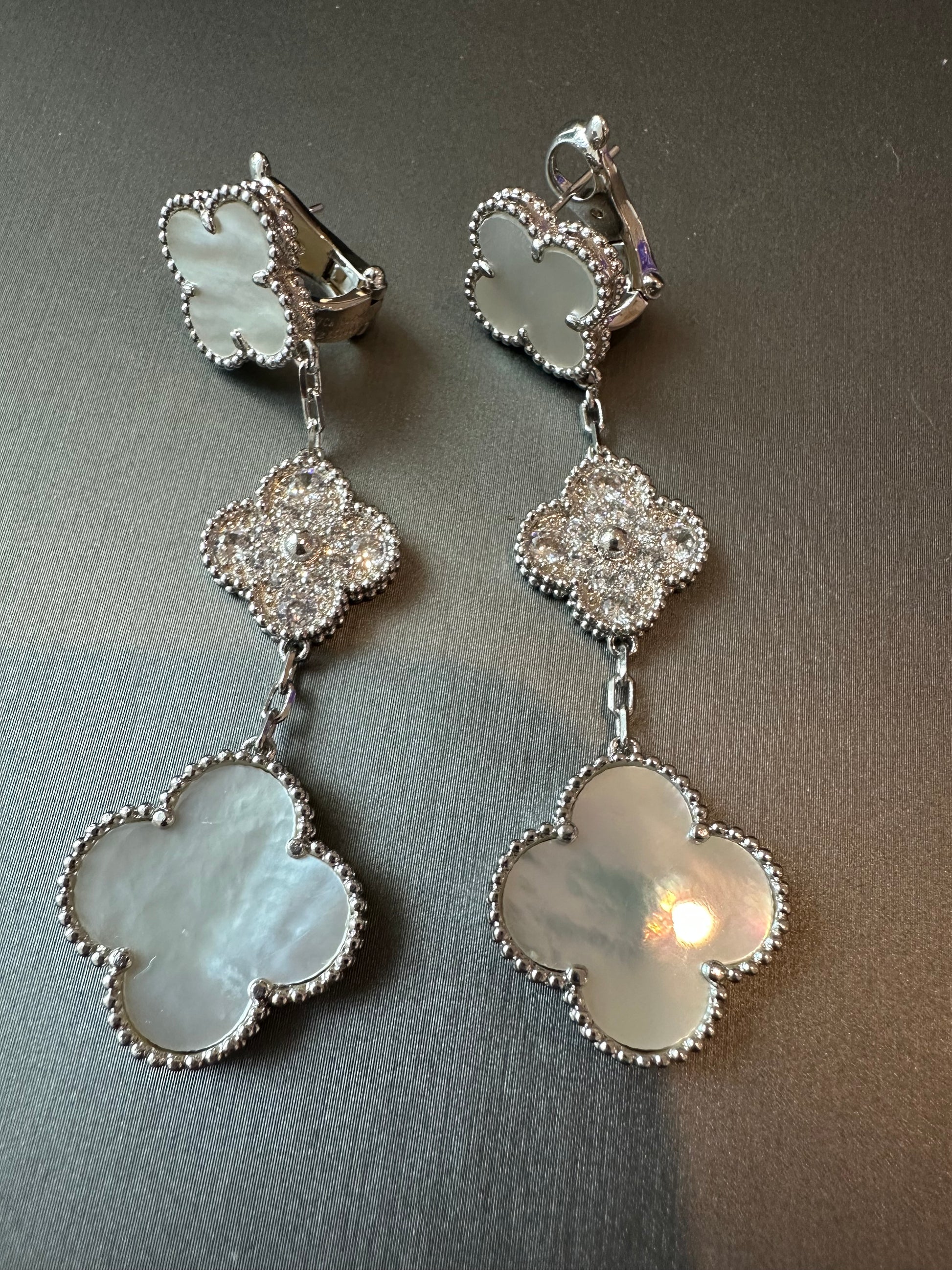 3 motifs Mother of pearl Cz clover earrings clover dangle earrings 925 silver 18k white gold plated - ParadiseKissCo