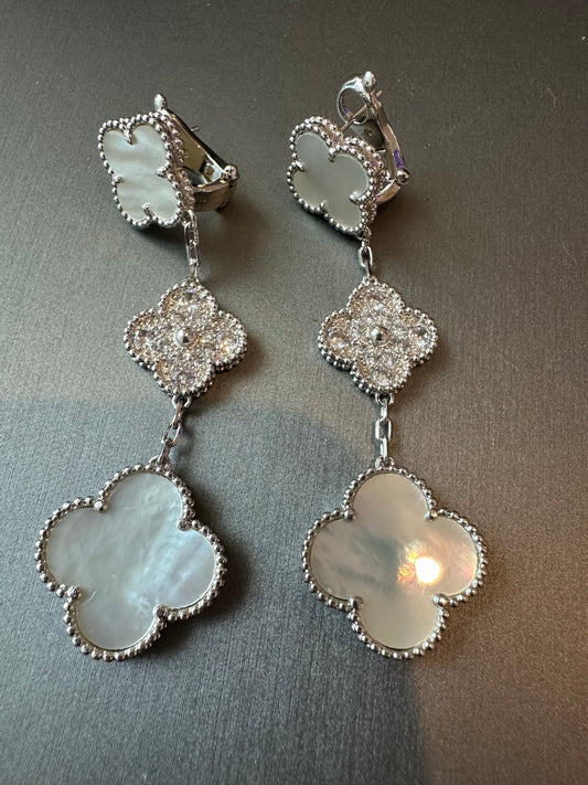 3 motifs Mother of pearl Cz clover earrings clover dangle earrings 925 silver 18k white gold plated - ParadiseKissCo