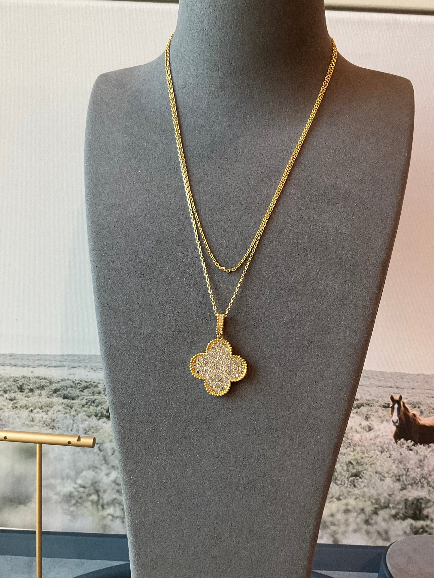 25mm cz clover necklace 925 silver 18k gold plated 88cm long - ParadiseKissCo