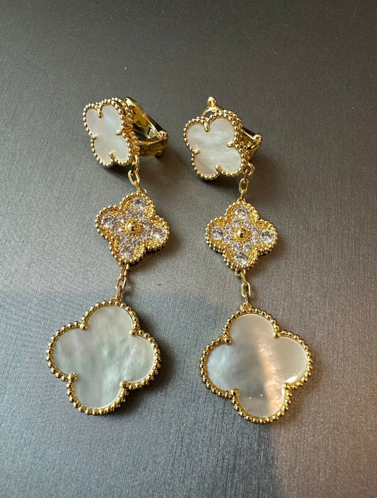 3 motifs Mother of pearl Cz clover earrings clover dangle earrings 925 silver 18k gold plated - ParadiseKissCo